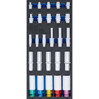 Werkstattwageneinlage 1/3: Steckschlüssel-Einsätze, Sechskant, tief 11 – 22 mm, E-Profil E10 - E22, 6,3 mm (1/4 Zoll), 10 mm (3/8 Zoll), 12,5 mm (1/2 Zoll), 26-tlg.