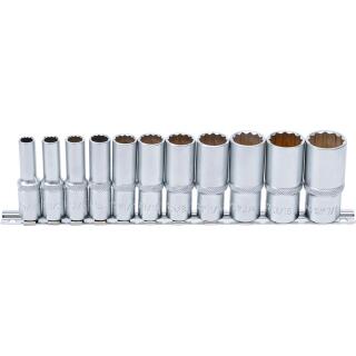Steckschlüssel-Einsatz-Satz Zwölfkant, tief, Antrieb Innenvierkant 10 mm (3/8 Zoll), Zollgrößen, 11-tlg.