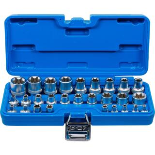 Steckschlüssel-Einsatz-Satz E-Profil, Antrieb Innenvierkant 6,3 mm 1/4 Zoll / 12,5 mm (1/2 Zoll), SW E4 - E24, 28-tlg.